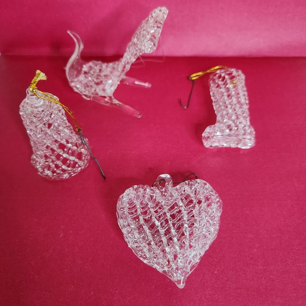 Vintage 4 Spun Glass Christmas Ornament Set. Heart, Sleigh, Stocking, Bell
